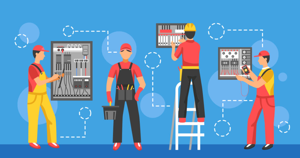 Illustration of low voltage characters working with cables and installation